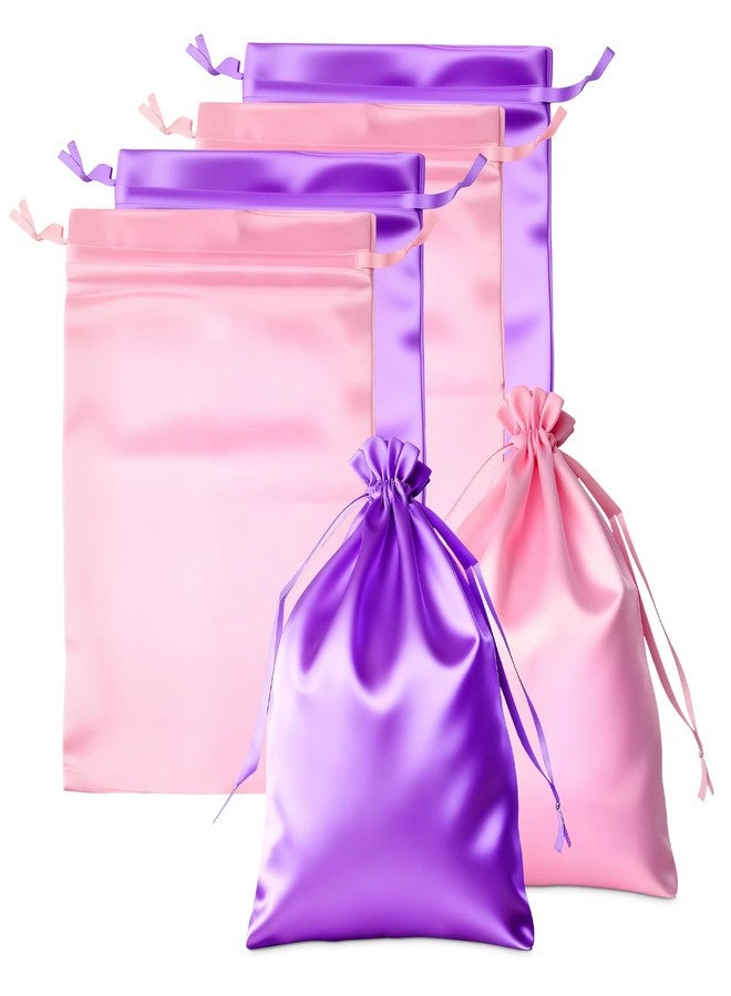 LUSTRIB 4Pcs Satin Wig Bags with Drawstring, Purple & Pink Silk Hair Storage Bags for Multiple Wigs, Hair Extensions, Weave Bundles and Braids (2 Purple + 2 Pink) - Image 1